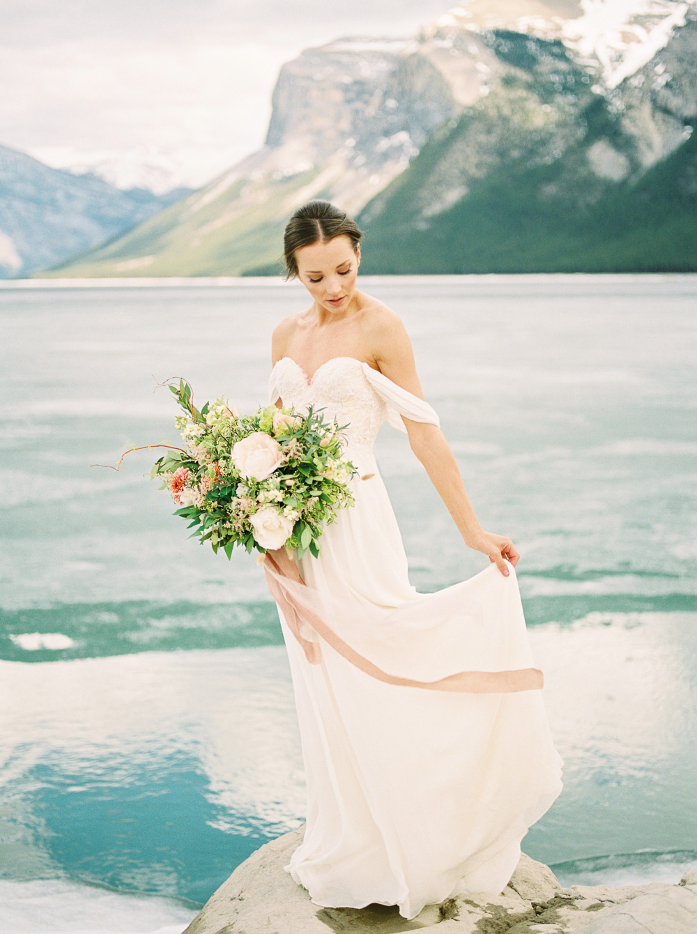 Coral White Wedding Bouquet | Silk Ribbon | Banff Elopement | Sarah Seven Gown | Fine Art Wedding Photographer Esther Funk