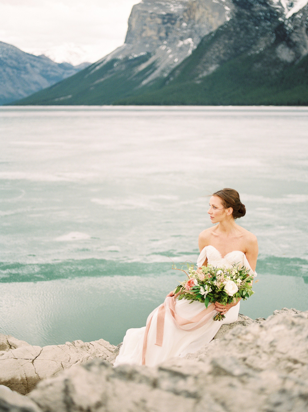 Coral White Wedding Bouquet | Banff Elopement | Sarah Seven Gown | Bridal Portrait | Fine Art Wedding Photographer Esther Funk
