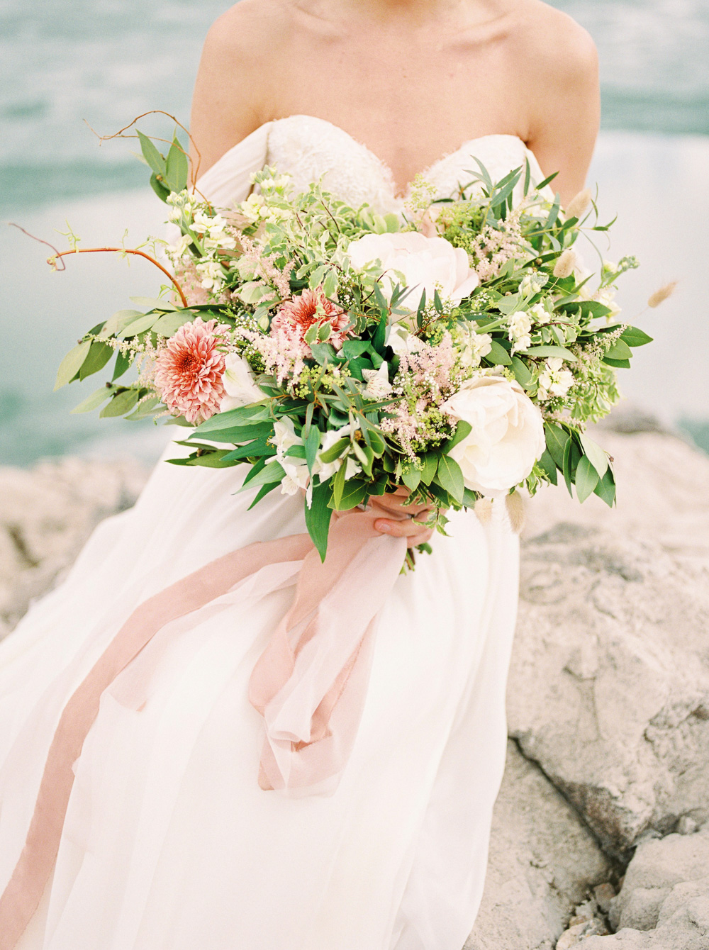 Coral White Wedding Bouquet | Banff Elopement | Sarah Seven Gown | Fine Art Wedding Photographer Esther Funk