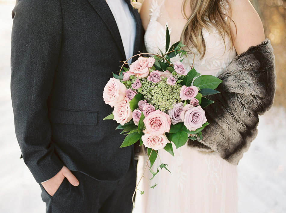 Best Bridal Bouquets designed by Stone House Creative | Photographed by Esther Funk Photography | mauve wedding bouquet | mauve and light pink colour palette | Roses, Queen Annes Lace | Flower Trends | winter wedding bouquet | Winnipeg Wedding Photographer | Fine Art Wedding Photographer | Fine Art Wedding Photographer Esther Funk #weddingbouquet #bestbridalbouquets #estherfunkphotography #winnipegweddingphotographer